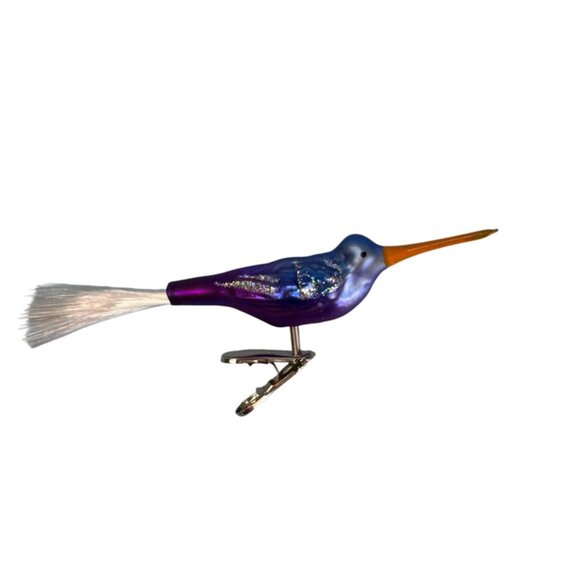 Blown Glass Hummingbird Clip Ornament Purple Blue Orange Spun Glass Tail 5.5 In - Picture 2 of 6